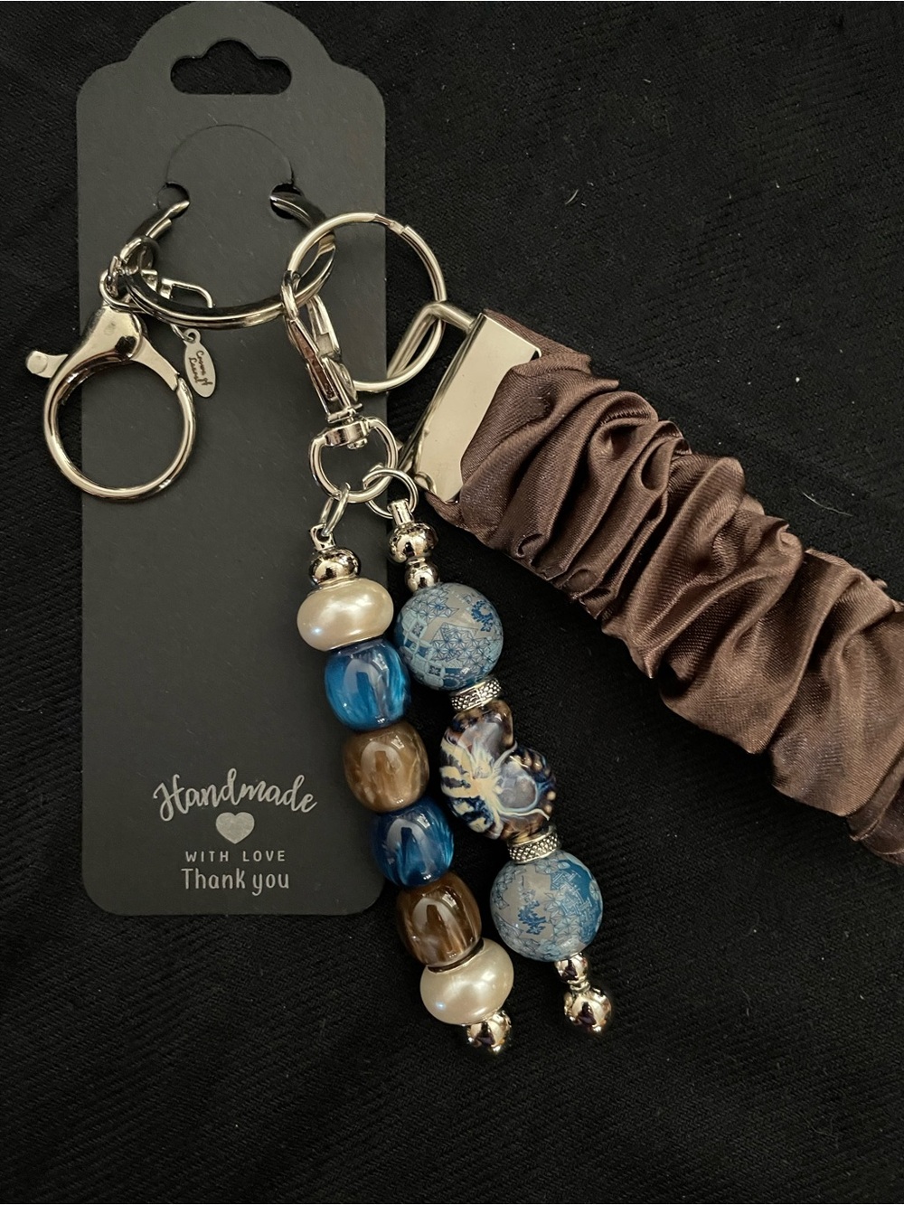 Beaded Keychain with Brown Satin Strap